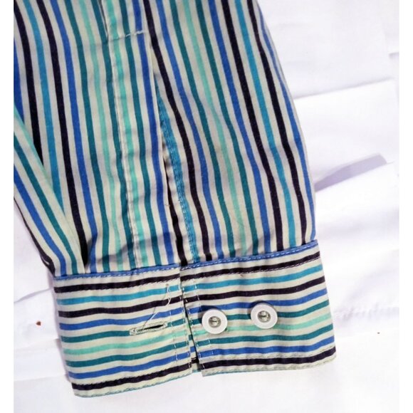 Button-Up Shirt Roamans Womens Green Blue Striped Size Large RN88842 Long Sleeve - Picture 7 of 13